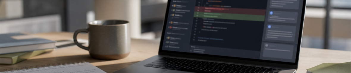 Laptop with code review, AI assistant panel, and test planning notes