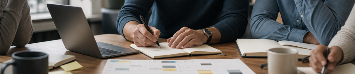 Leader writing notes during a decision discussion with teammates around a table