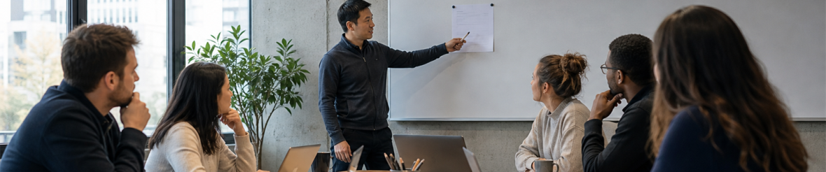 Engineering team discussing a difficult project question in a meeting room