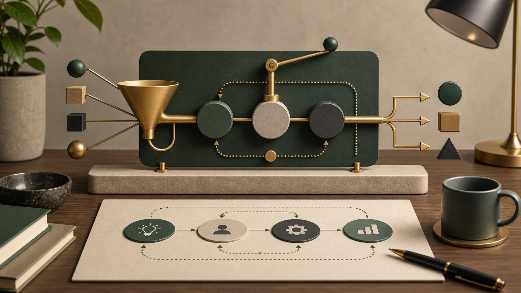 Abstract management system showing leverage, feedback loops, and outputs