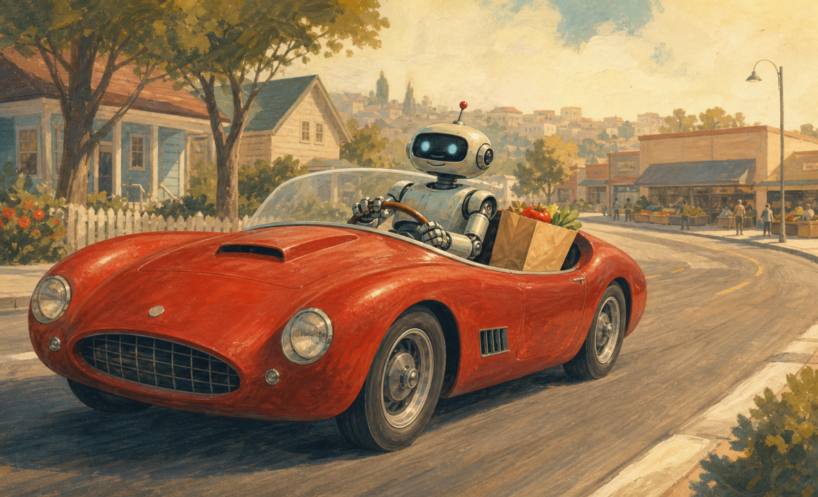 A friendly robot driving a red sports car with a bag of groceries in the passenger seat