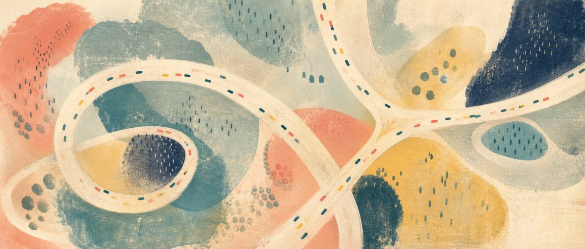 Abstract faded painting of winding roads with small cars following different routes