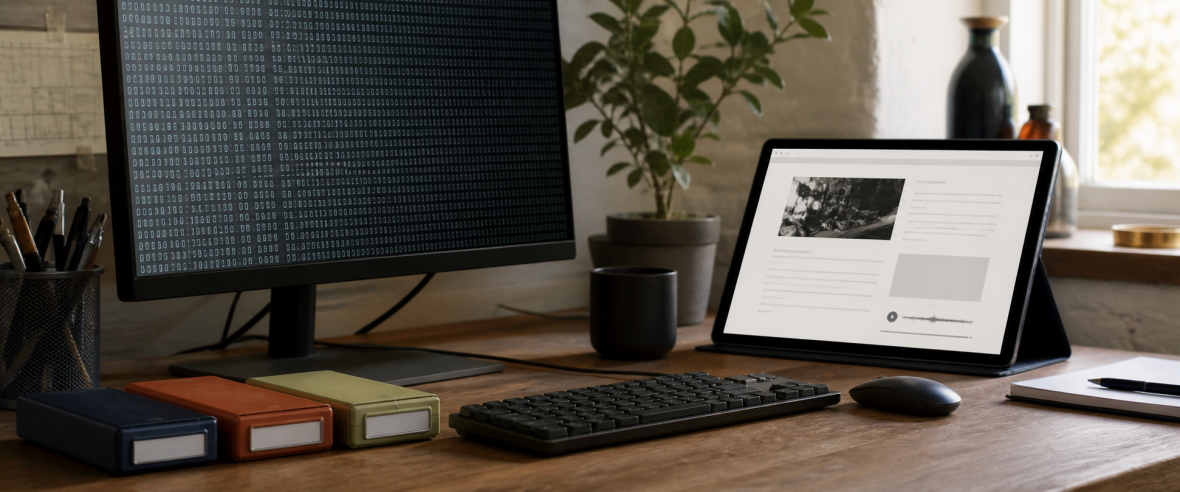 A monitor of binary data sits beside a tablet showing a navigable review page.