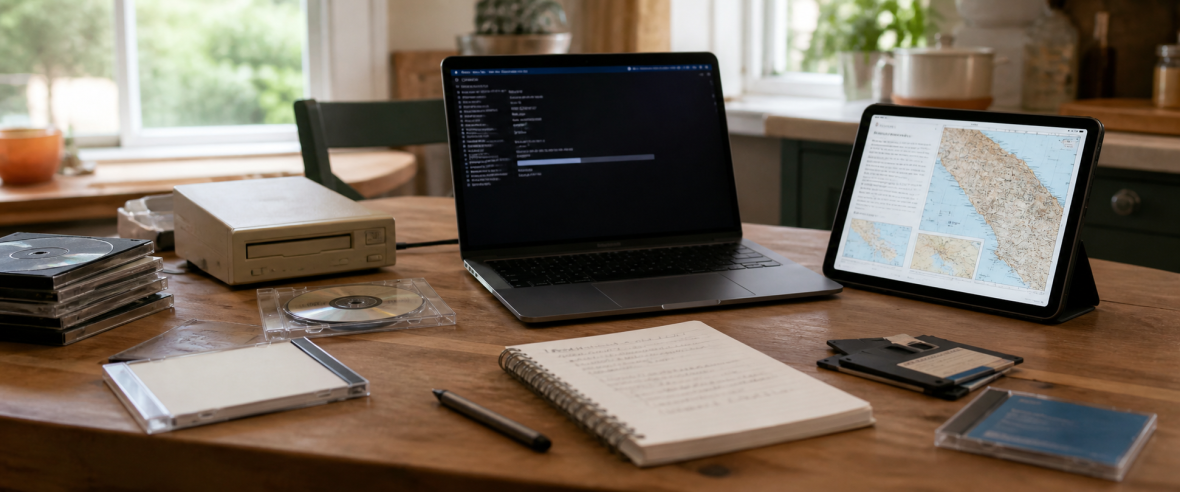 Vintage computer media, a modern laptop, and a tablet with a geography page share a kitchen worktable.