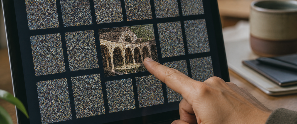 A hand points to faint arches emerging from a grid of corrupted image-decoder attempts.