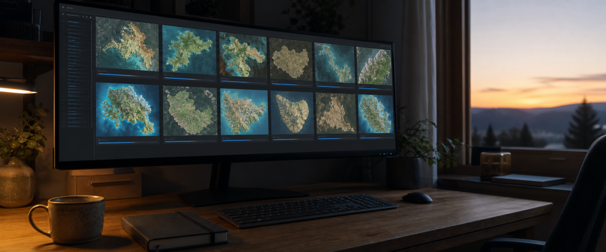 A map-rendering process continues on a wide monitor as dawn appears outside an empty workspace.
