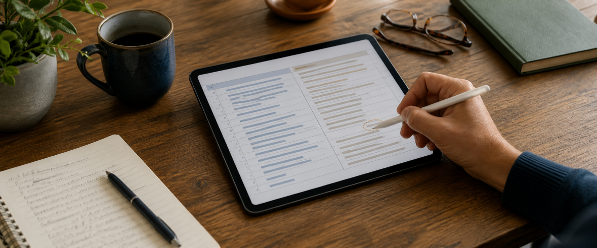A reviewer uses a stylus to compare source and rewritten material side by side on a tablet.