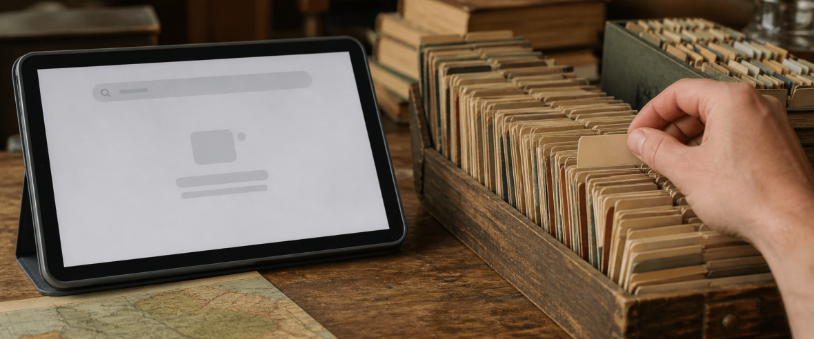 A blank tablet search sits beside a large archive as a hand pulls one record for inspection.