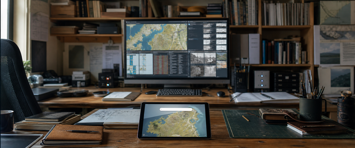 A clean tablet geography page sits in front of the much larger research workspace that produced it.
