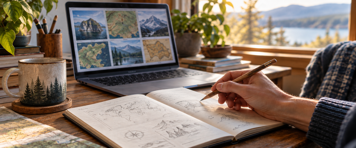A hand pauses over a notebook beside a laptop showing a collection of maps and image experiments.