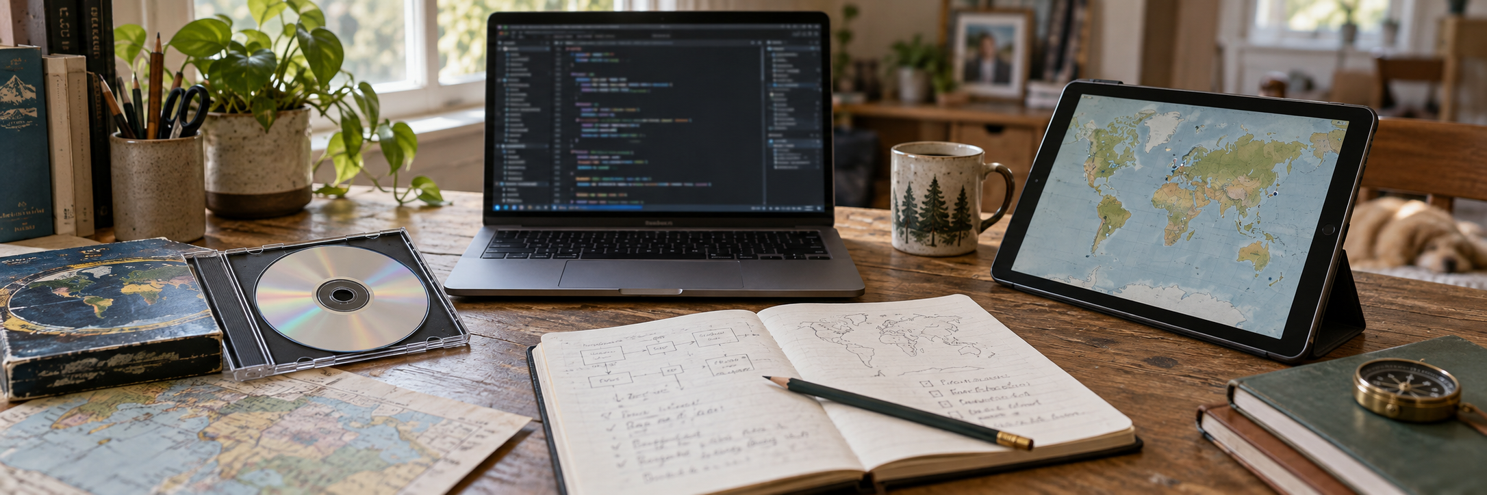 A CD-ROM, coding laptop, sketchbook and tablet almanac on a home workbench.